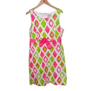 Kim Rogers Pink Green Sleeveless Sheath Midi Dress Bow Detail Preppy Size 14